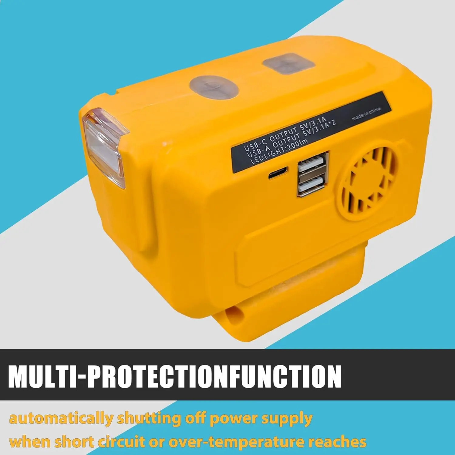 For Dewalt 20V Battery Inverter Converter Type-C PD USB 5V/3.1A 220V Output LED Work Light Multi-Protection Outdoor Power Supply