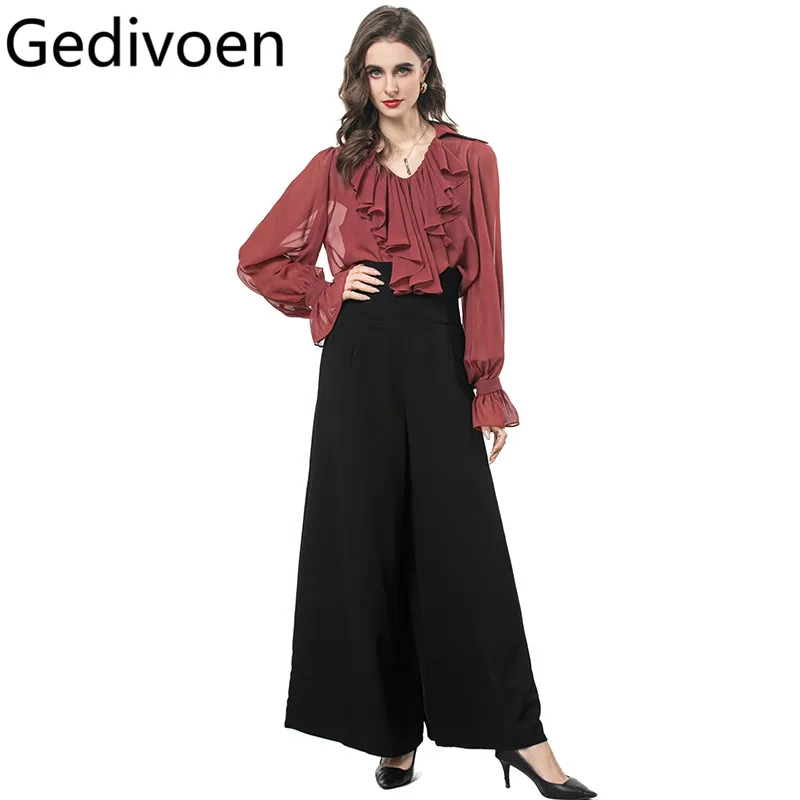 

Gedivoen Elegant Fashion Women's Suit V-Neck Ruffles Long Sleeve Tops+Loose Straight Leg Pants Solid 2-piece set