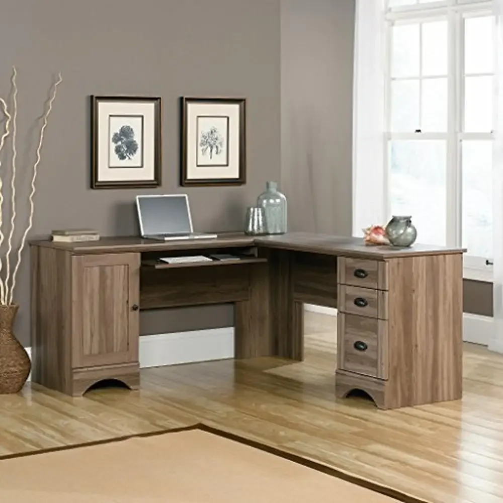 Corner Computer Desk with L-Shaped Design Keyboard Tray Drawers CPU Tower Storage Salt Oak Finish 66.14