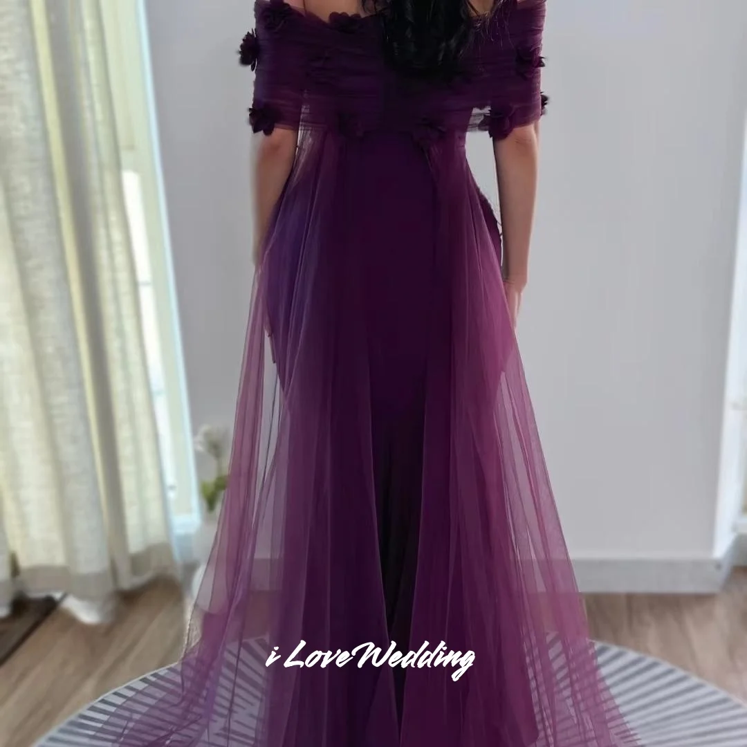 Purple Strapless Evening Dress 2025 Off Shoulder 3D Flowers Mermaid Backless Floor-Length Pleated Wedding Party Dress Customized