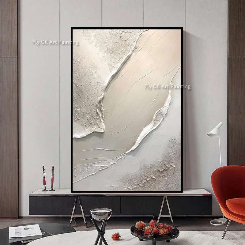 Hand Drawn Simple Beige White Seawave Oil Painting On Canvas New Popular White Brown Texture Thick Wave Wall Art For Home Decor
