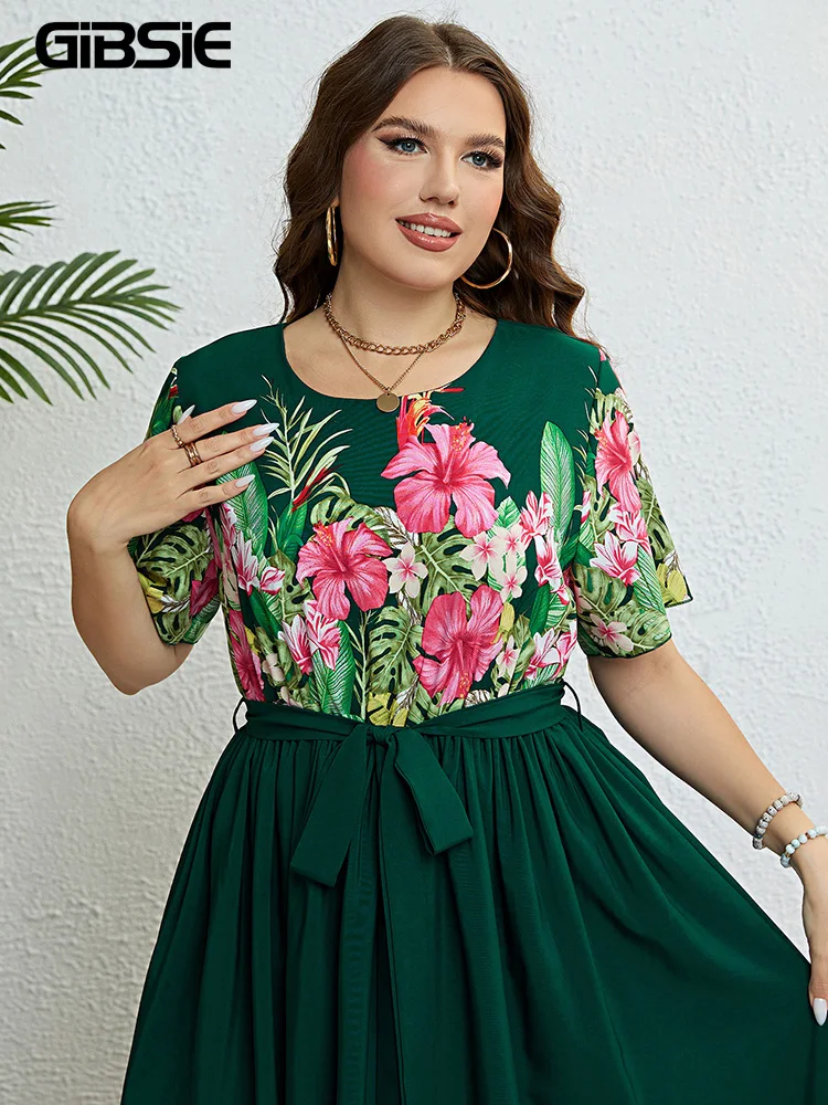 GIBSIE Plus Size Floral Print O-Neck Vintage Belted Dress Women Holiday Boho Summer High Waist A-line Casual Long Dresses 2023