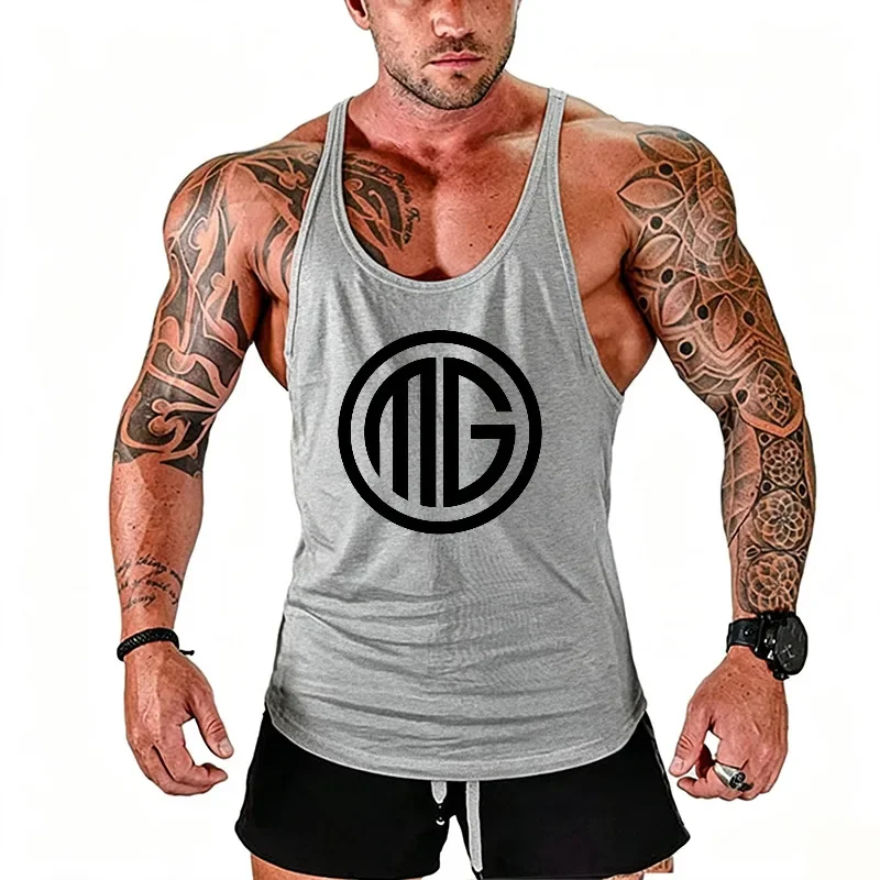 Men's Cotton Racerback Gym Tank Tops Low Neck Curved Hem Sleeveless Running Vests Athletic Workout Bodybuilding Sports Shirts