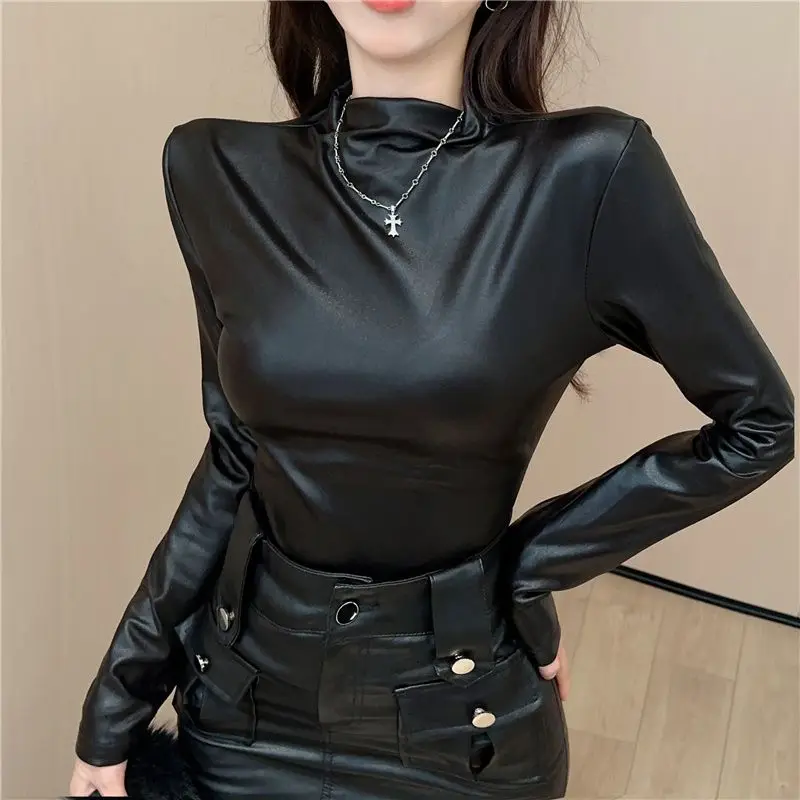 Y2k Chic Autumn Patent Leather Silver T-shirt Women's Clothing Slim PU Leather Tops Turtleneck Sexy Streetwear Long Sleeve Tees