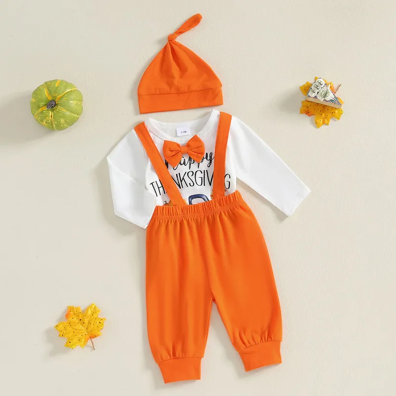 RUEWEY 0 to 18 Months Baby Boy Thanksgiving Outfits Pumpkin Letter Print Long Sleeve Romper with Suspender Pants and Hat Set