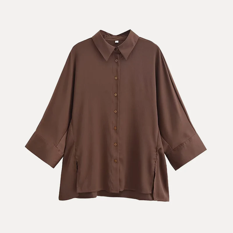 Primavera 2025 Donna Sciolto Lungo Sve irt Colletto alla coreana Bottone Frontale Pieghettato Raso Spacco laterale Fibra di poliestere Versatile Sle