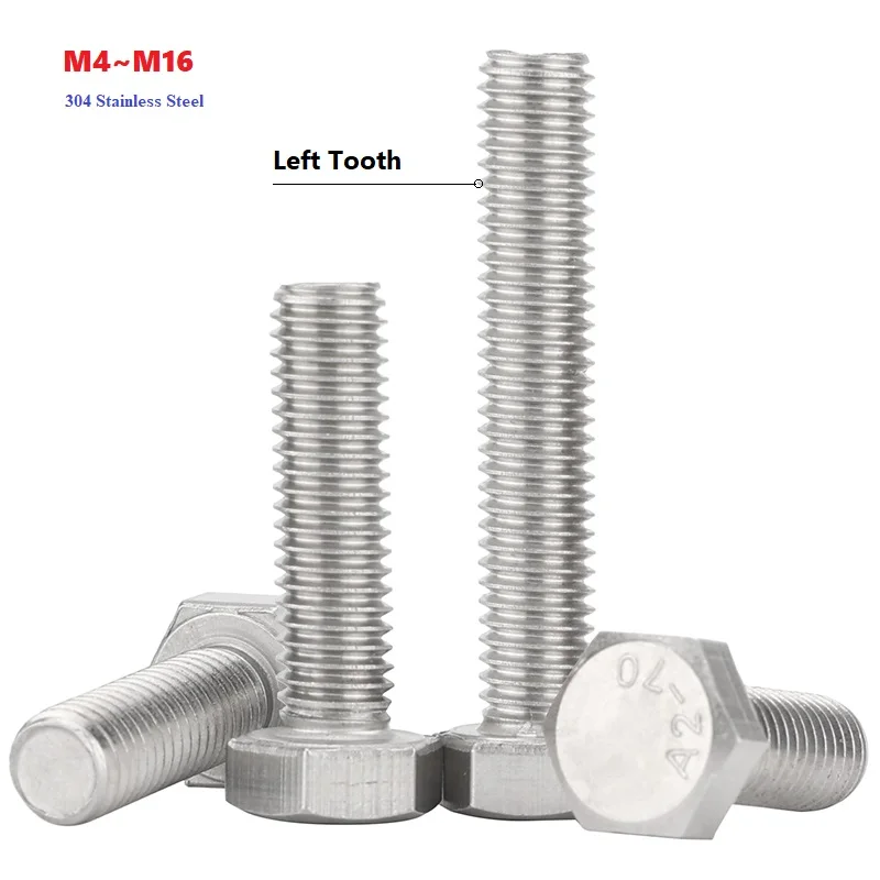 M4 M5 M6 M8 M10 M12 M14 M16 304 Stainless Steel Left-Hand Thread Hexagon Head Screws Bolts Reverse Thread Left Tooth