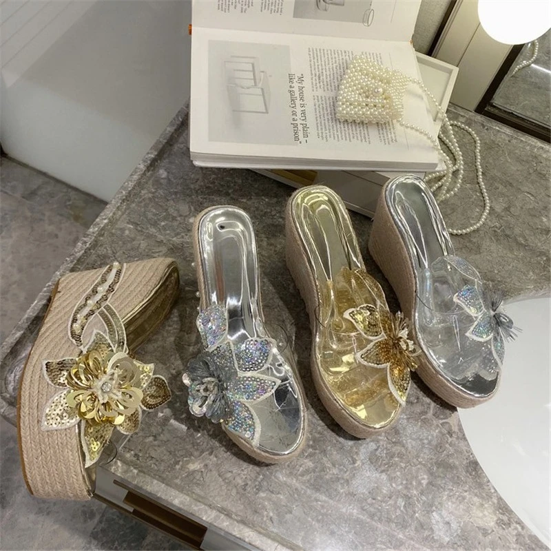 Aneikeh Fashion Platform Wedges High Heels Bling Sequin Fabric Flower PVC Transparent Women Slippers Summer Banquet Party Shoes view 3