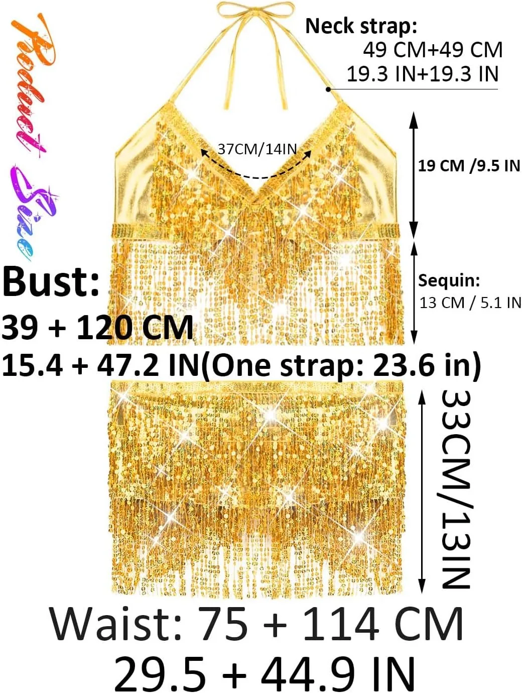 A set of glittering frill dance costumes: sequined belly dance outfit, suitable for Halloween music festivals, graduation dances