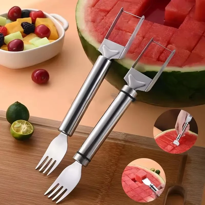 2 In 1 Stainless Steel Watermelon Slicer Fork Dual Head Melon Cutter Food Grade Heavy Duty Fruit Cutting Tool For Kitchen Gadget