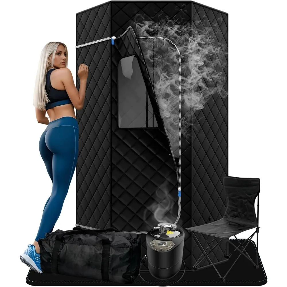 Portable large home steam sauna 3L high capacity steamer, 1100W remote and aromatherapy absorption mat and chair for yoga