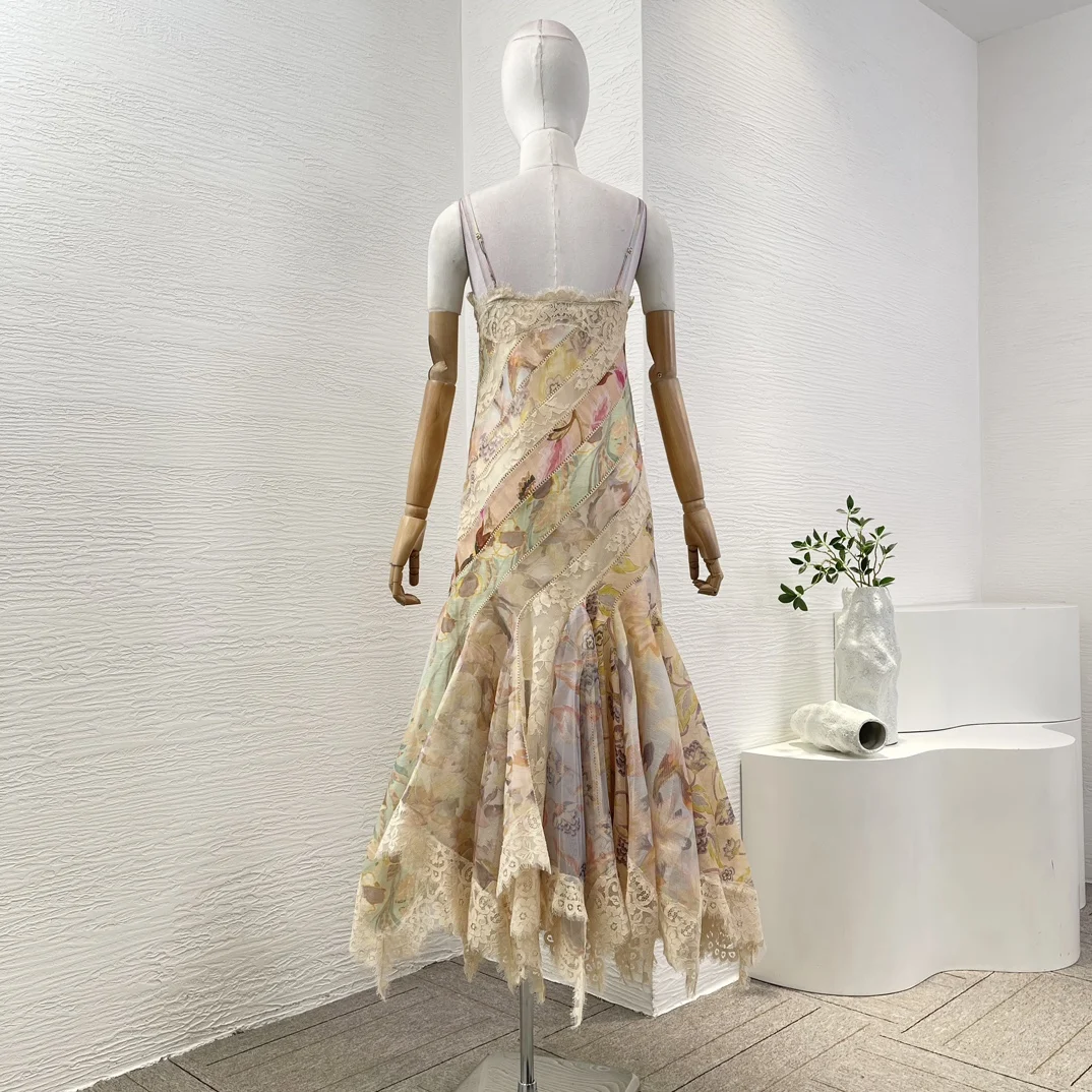 2025 New Fashion Photo Color Floral Print Lace Patchwork Sleeveless Backless Irregular Hem Pleat Midi Dress