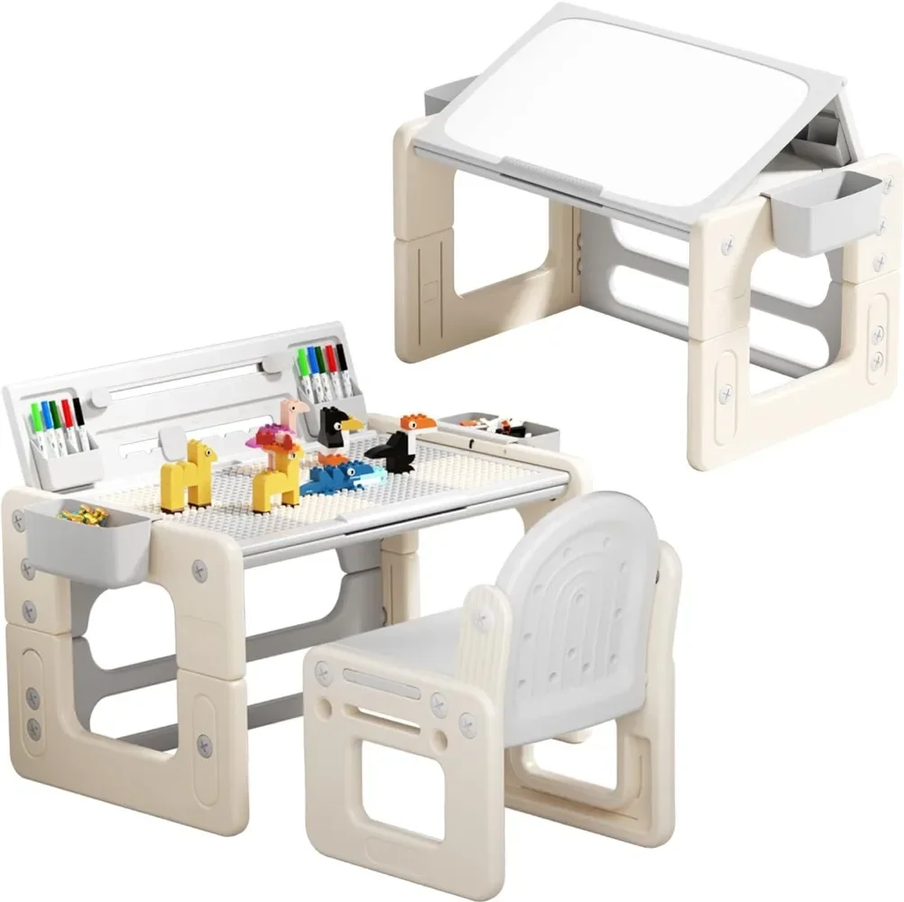

Toddler Table and Chair Set, 4 in 1 Activity Table with 100 pcs Building Block & Kids Drawing Table, Learning Table