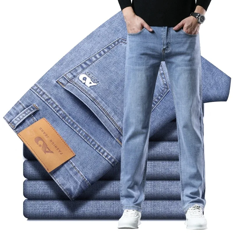 

Мужские джинсы весенние тонкие, модные, повседневные, деловые, стрейч, джинсовые брюки, классические прямые брюки для мужчин