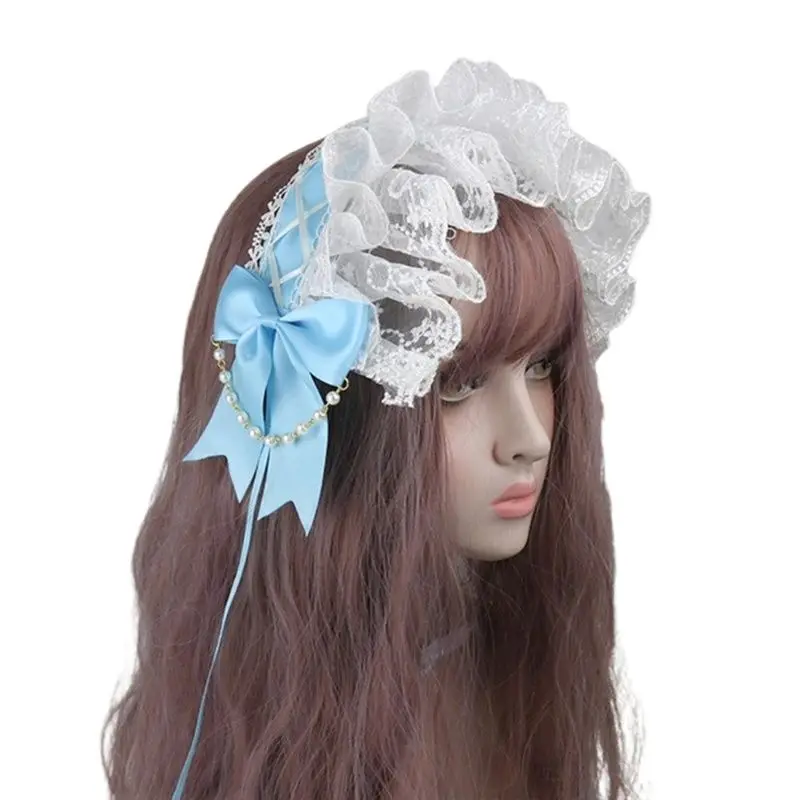 Sweet Lolita Bowknot Maid Headdress Ruffled Lace Headpiece Japanese Style Headband For Women Maid Headdress Dress Accessories