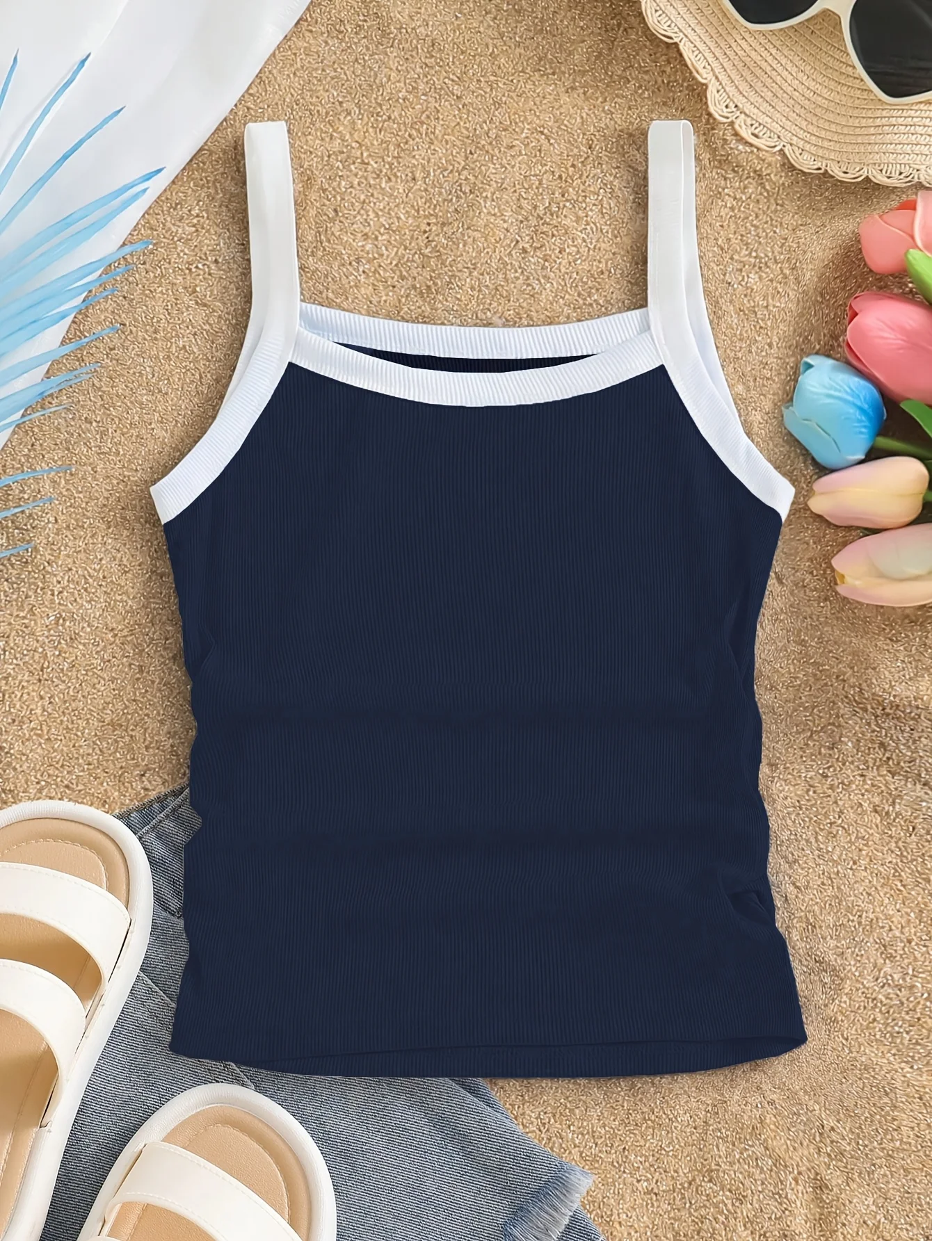Girls' Casual Tank Top, Ribbed Color-Blocked Trim Tank Top for Girls, Summer Navy Blue Tank Top Suitable for 5-13 Year Old Children, Versatile for Home, Outings, Vacation, Beach, Outerwear, and Innerwear