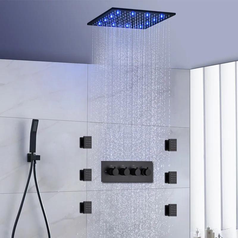 

16'' Thermostatic LED Shower Faucets Set Bathroom Ceiling Rainfall Black Showerhead Body jets Massage 400x400mm