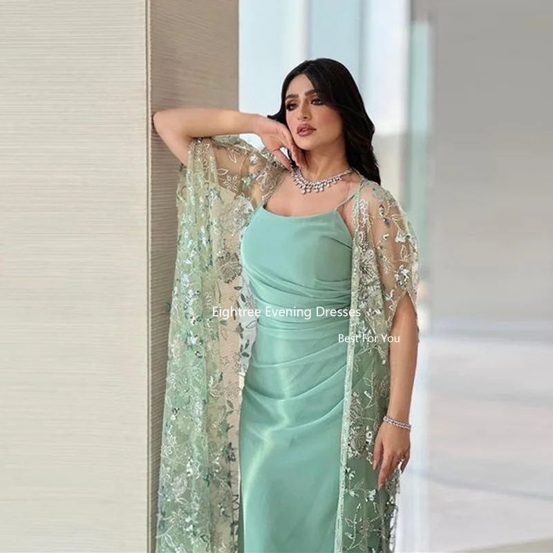 Eightreeg Luxe Mint Green Avondjurken Mermaid Elegante Robes De Soiree Met Cape Spaghettibandjes Voor Vrouwen Prom Party Gown