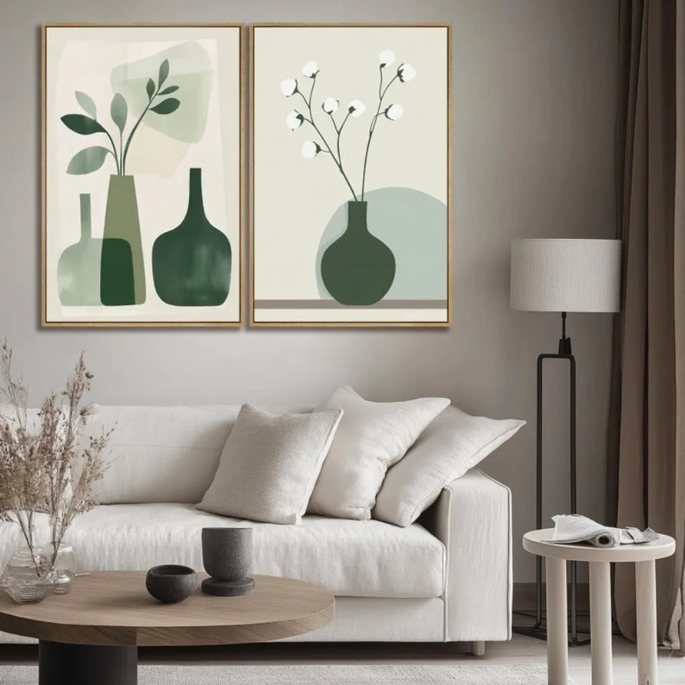 2D Flat, Set of 3 Frameless Canvas Painting Featuring A Minimalist Green Vase Botanical Theme | Modern Nordic Style