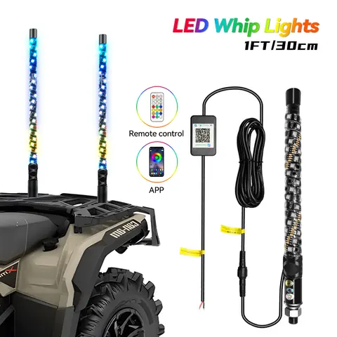 New 12V 30CM/1ft Remote Control 60LED Whip Lights Colorful Flagpole Antenna Whips for UTV ATV Off Road Truck Sand Buggy Dune RZR