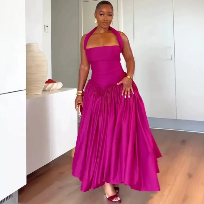 Elegant African Women Halter Two Piece Outfit Solid Sleeveless Top High Waist Pleated Maxi Skirt Evening Party Matching Set