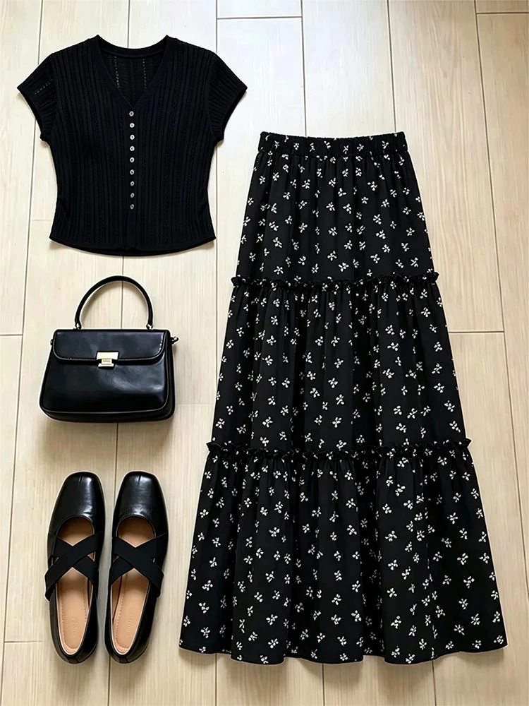 Summer New Sweet Floral Half Skirt Women's Short Sleeve A-Line  Dress Two-Piece Set Slimming Effect Casual Artistic