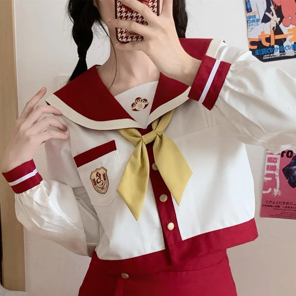 Red White JK Uniform Summer Long Sleeve Japanese School Uniforms Girls Sailor Sets Pleated Skirt JK Uniform Cos School Skirt