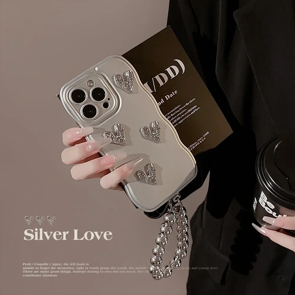 Ins Style Pleated Heart Silver Matte Phone Case for IPhone16 15 14 12 13 11 Pro ProMax Plus X XR Shockproof Phone Cover