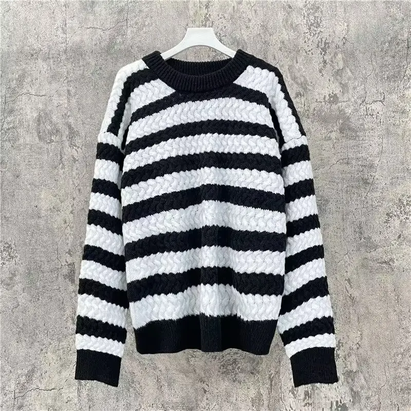 

Осень-зима, большой размер, мужской круглый полосатый свитер, свободный крой, вязаный верхний слой, бейсбольный узор с ромбовидным узором...