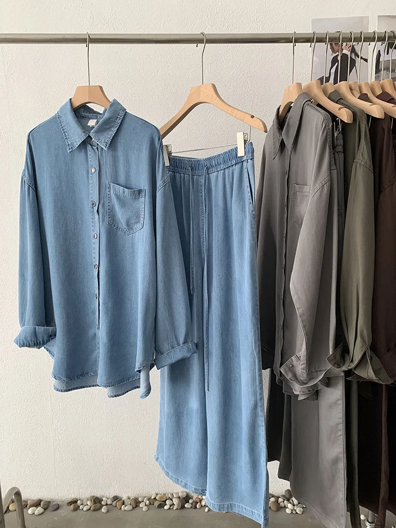 

Весенний новый женский джинсовый комплект в корейском стиле: повседневная модная рубашка с отложным воротником и длинными рукавами, однотонные широкие джинсы, комплект из двух предметов