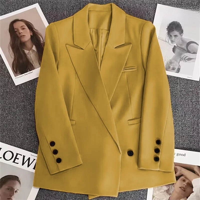 

Желтый женский пиджак в повседневном стиле, модный уличный стиль, осень 2024, новый дизайн, полиэстер, стандартная толщина