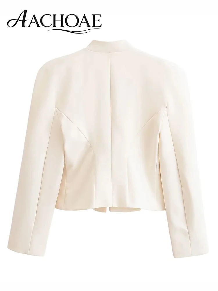 AACHOAE Women Military Cropped Blazer Jacket Stand Collar Structured Shoulder Slim Button Short Office Streetwear Suit Jacket