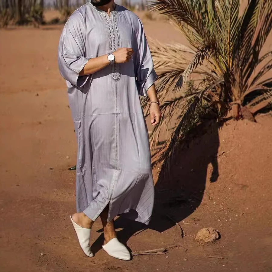 Islamic Men Loose Robe Muslim Embroidery Traditional Jubba Thobe Morocco Ramadan Kaftan Stripe Kurta Kandora Tunic Djellaba 4XL