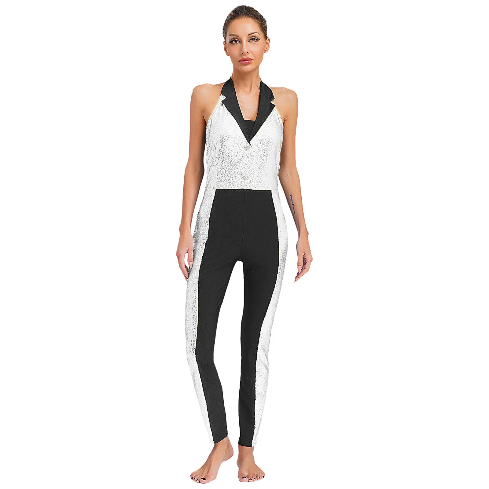 

Women Athletic Jumpsuit Leotards Rhythmic Gymnastics Bodysuit Acrobatics Costume Color Block Shiny Sequin Figure Skating Costume