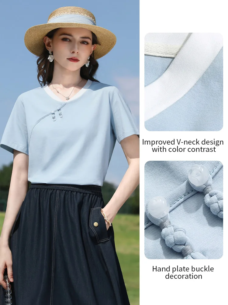 I BELIEVE YOU Light Blue V-Neck T-Shirt for Women 2026 Spring Chinese Knot Button Elegant Tees Cool Cotton Casual Top 2261016218