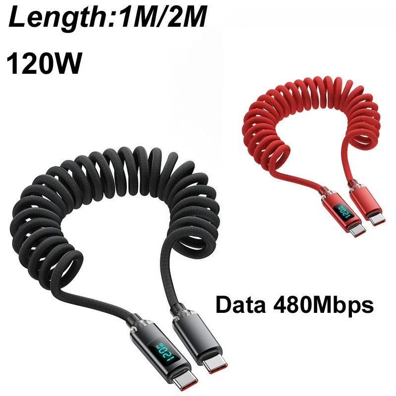 

Автомобильный пружинный кабель для передачи данных 120 Вт с цифровым дисплеем, выдвижной кабель USB C для быстрой зарядки типа C для iPhone 15 Samsung Huawei Xiaomi