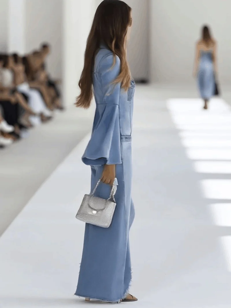 الشارع الشهير الدنيم بذلة الخريف ملابس النساء متوهج كم زر حتى مستقيم الجينز السروال القصير Playsuit قطعة واحدة وزرة الزي