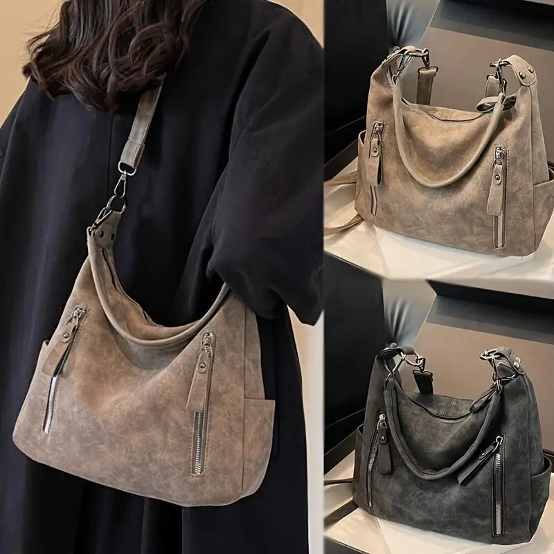 

New Women's Retro Shoulder Bag, Large Capacity Multifunctional, Multiple Pockets, Zipper Decoration, Crossbody Bag, Handbag