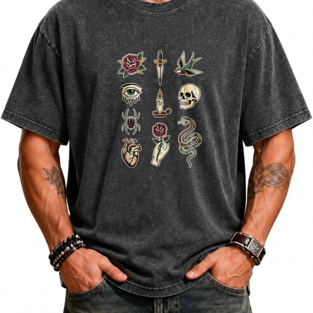 Vintage Traditional Tattoo Flash Sheet Alternative Art T-Shirt Cotton T Shirt Graphic Tee Old Money Streetwear Boxy Fit Summer