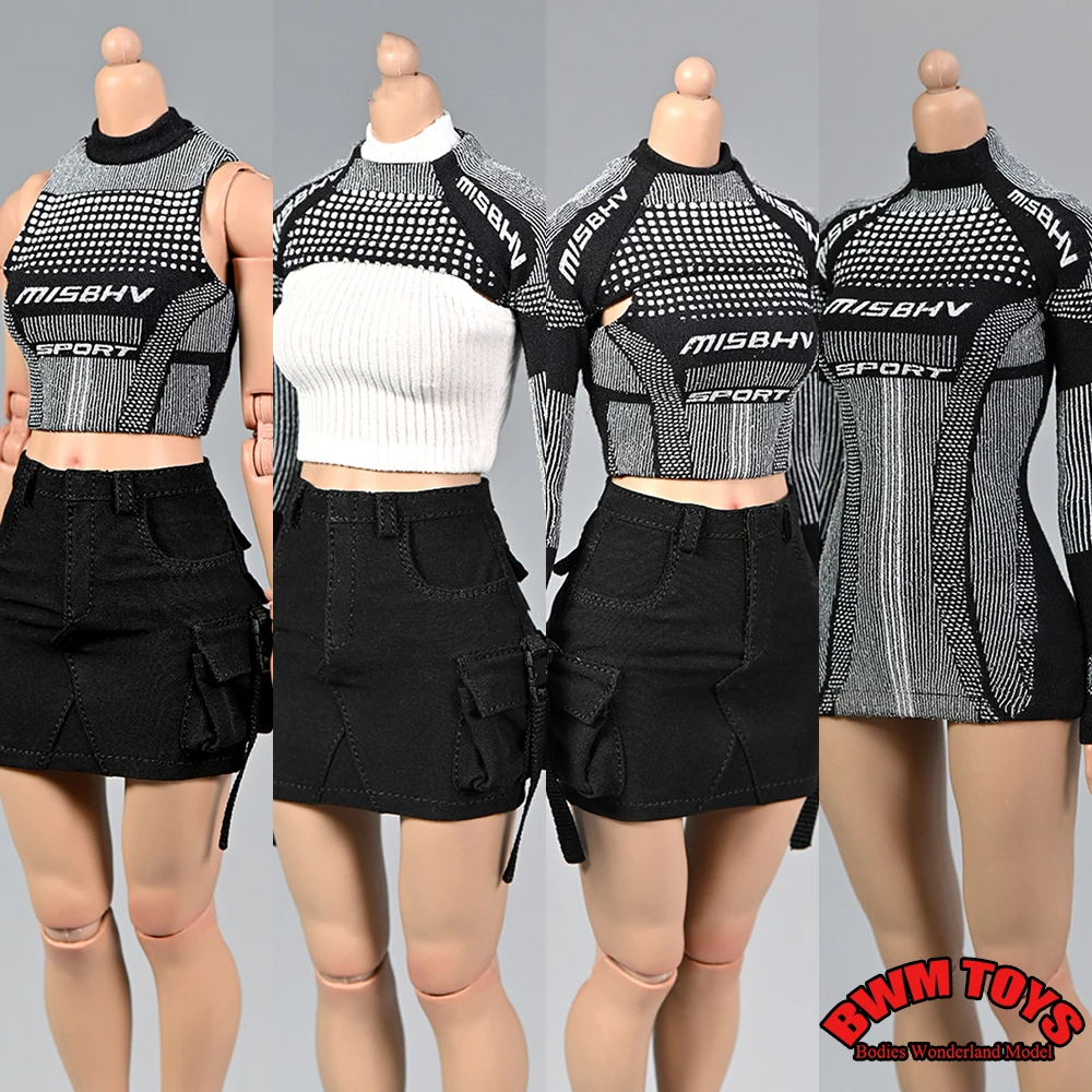 1/6 Sexy Women\'s Print Long Short Sleeve Tight Elastic Fitness Slim Top Functional Pocket Hip Skirt for 12\