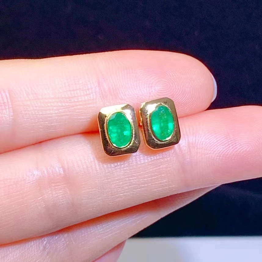 Classic Silver Stud Earrings 4mm*6mm Natural Emerald Earrings with 3 Layers Gold Plating Antiallergic 925 Silver Emerald Jewelry