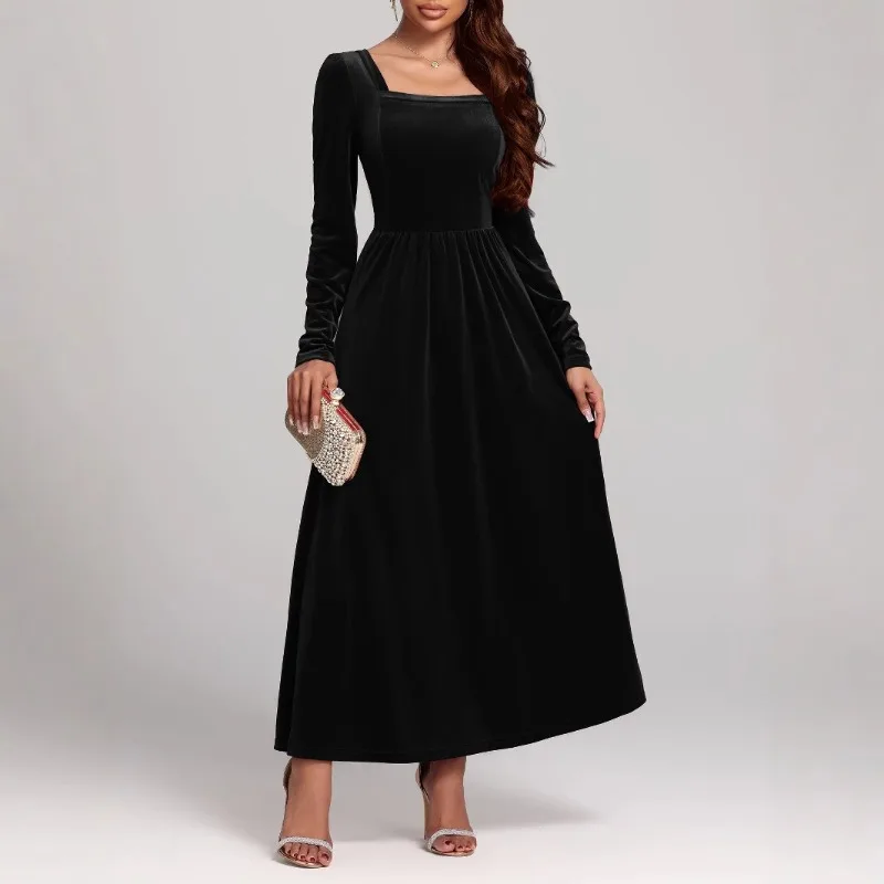 فستان فرنسي عتيق جديد لعام 2025 للكريسماس باللون الأحمر المخملي بياقة مربعة للحفلات المسائية والحفلات الراقصة ملابس نسائية أنيقة للخريف والشتاء