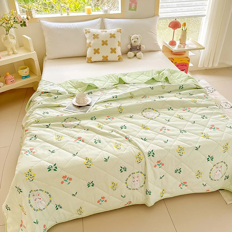 1PCS Girl's Heart Flower Rabbit Summer Quilt, Quilted Fixed Without Running Cotton, Single Double Summer Nap Cool Quilt
