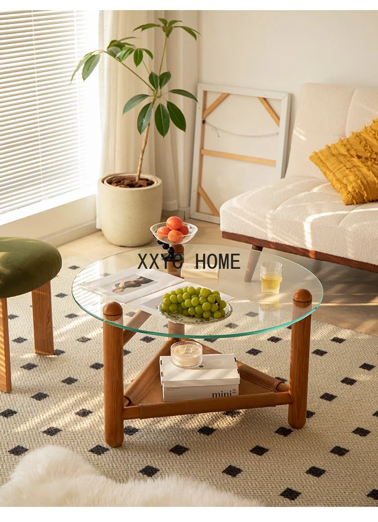 Vintage Glass Coffee Table Living Room Home round Tea Table Small Apartment Quiet Style Solid Wood Small Tea Table