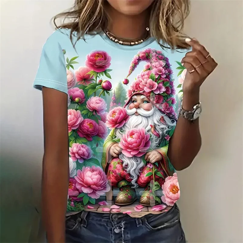 T-Shirt bonhomme de neige de noël imprimé en 3D pour femmes, t-shirt graphique fleur paon, t-shirts amples d'été, manches courtes, col rond