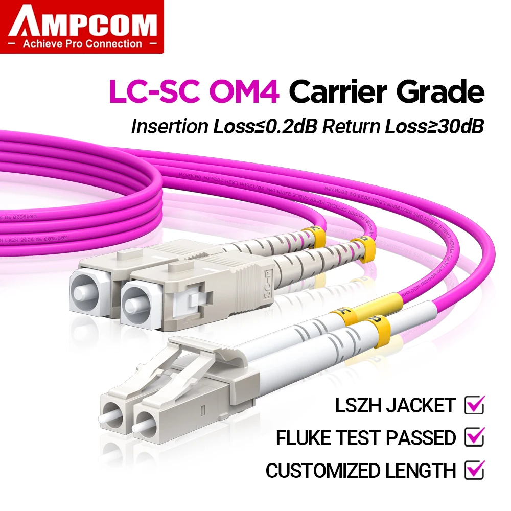 AMPCOM LC to SC UPC OM4 Fiber Optic Patch Cable 40G Multi Mode Duplex, 50/125μm, OD 2.0mm, LSZH OFNR, 1-100 Meters