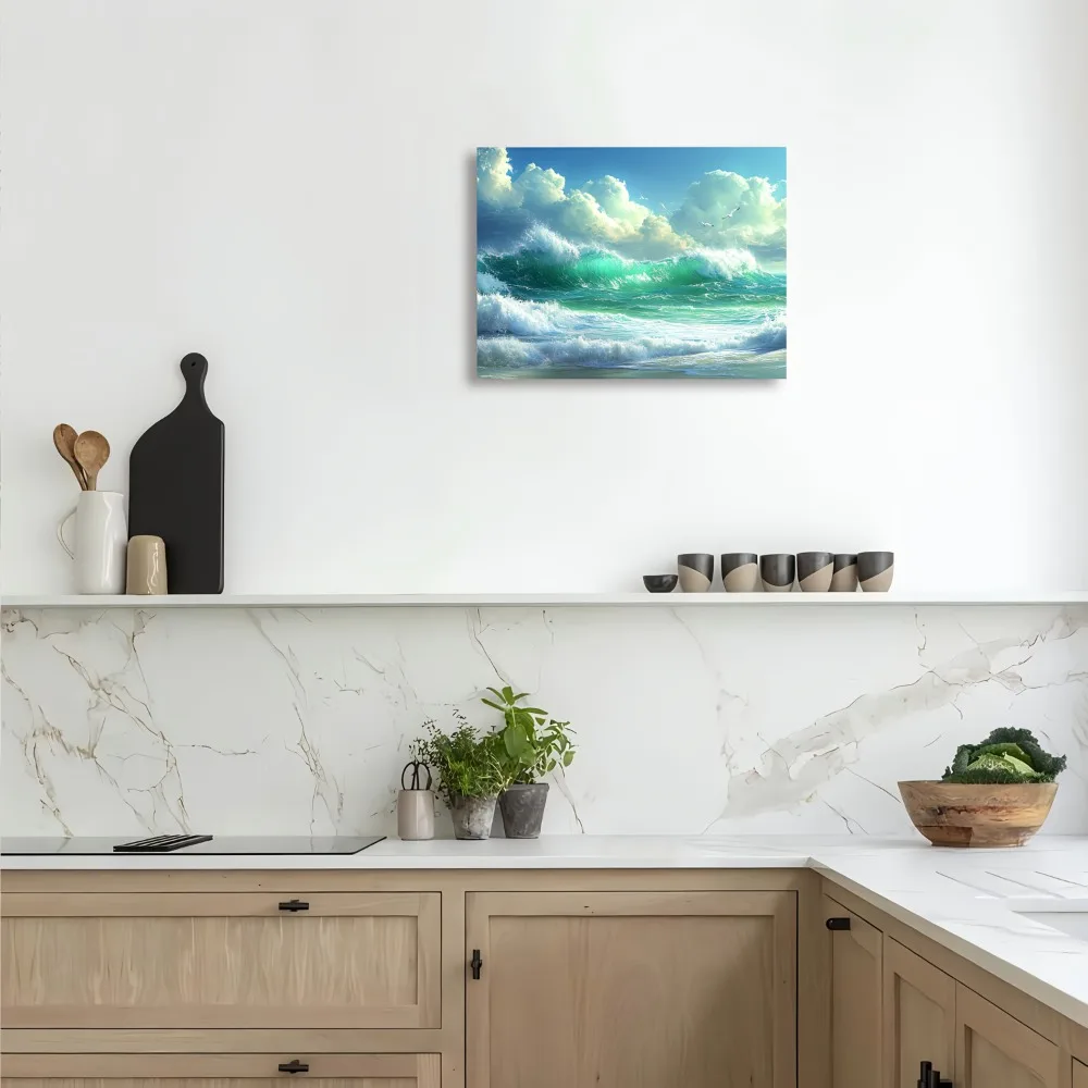 لوحة فنية جدارية من القماش المموج مقاس 1.5 بوصة، وسماء زرقاء حية ومناظر بحر السحب، وإطار من الصنوبر، ومناسبة للديكور الداخلي