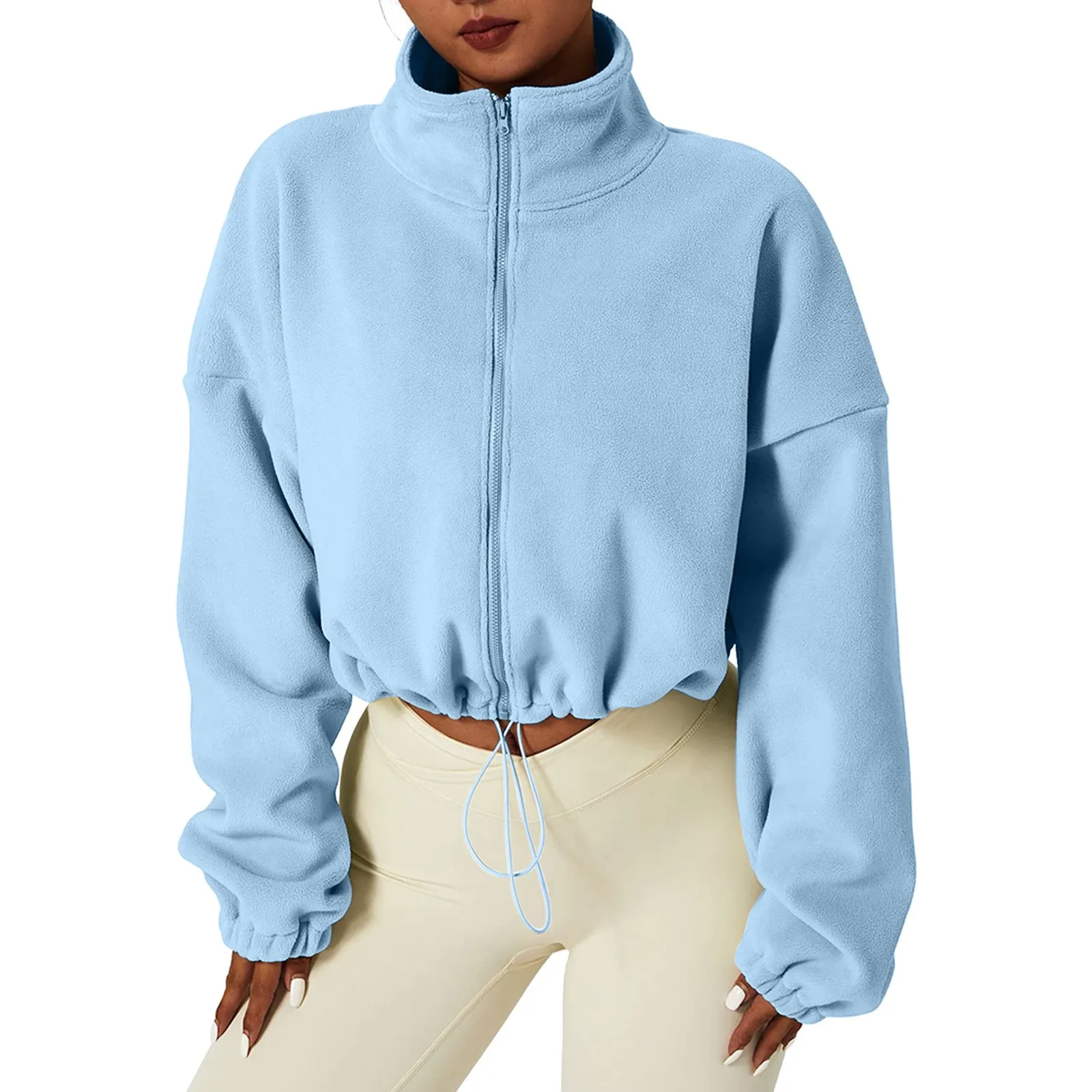 Women\'s Fleece Sweatshirt Oversized Zip Up Crop Jacket Winter Long Sleeve Stand Collar Workout Coat Anorak Jacket Harajuku Kpop