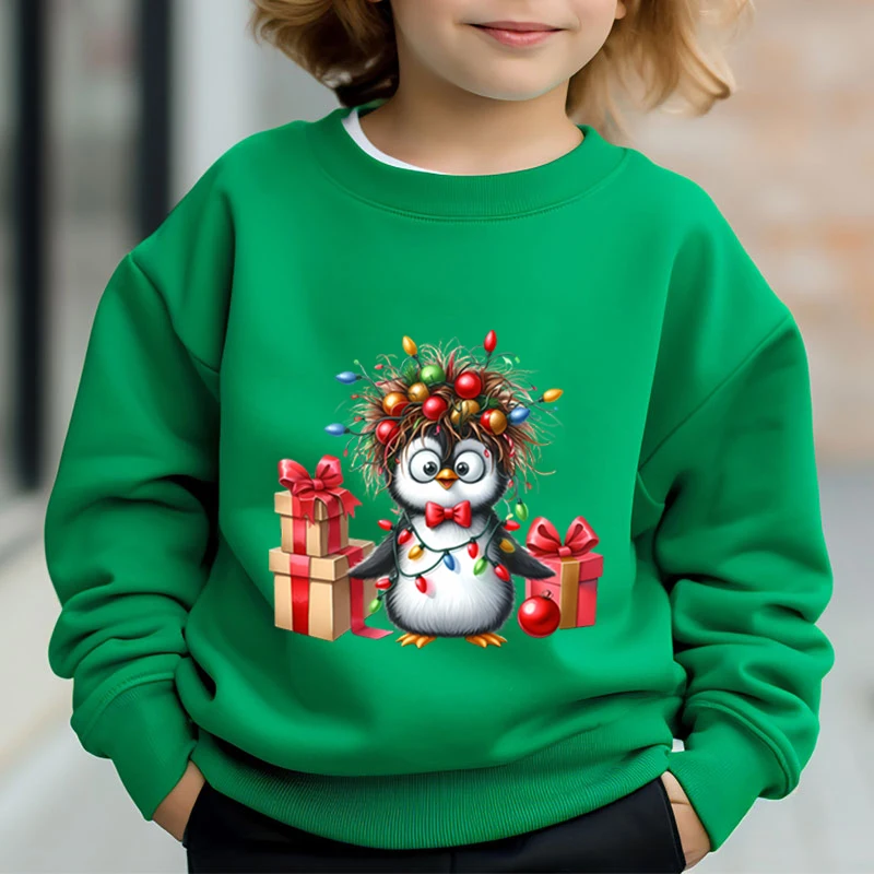 New Christmas Penguin Print Autumn Winter Sweatshirts Kids Long Sleeve Pullover Cartoon Penguin Boys Girls Xmas Party Hoodies