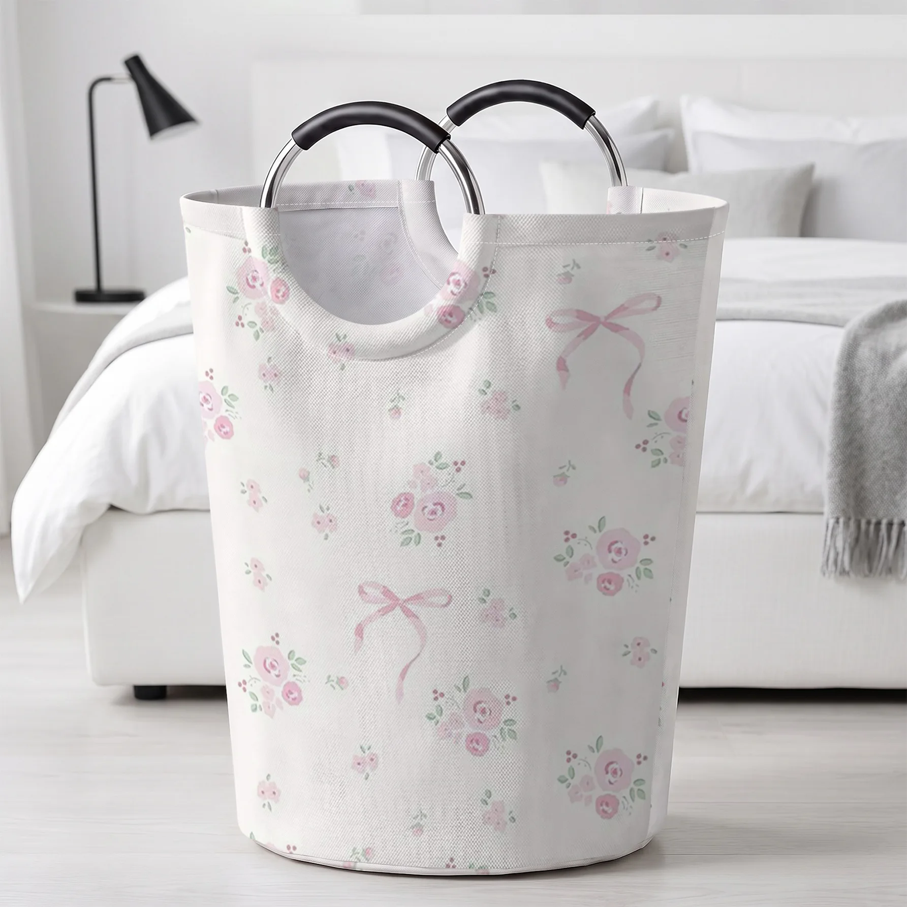 Pink Rose And Bow Floral Print Storage Basket, Large Capacity Handheld, for clothes, toys and sundries storage